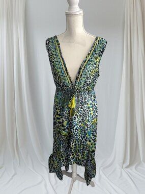 VIOLET SKY Animal Print Green Beaded Sheer Coverup Dress Size Medium